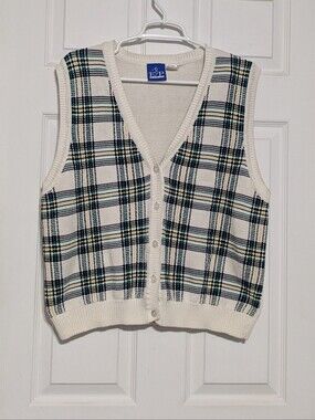 Vintage EP Pro Plaid Sweater Vest Cardigan - Cream Blue Green XL